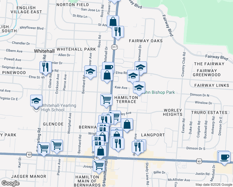 map of restaurants, bars, coffee shops, grocery stores, and more near 4642 Kae Avenue in Columbus