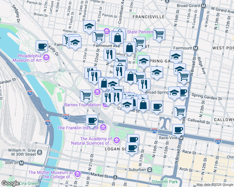 map of restaurants, bars, coffee shops, grocery stores, and more near N 20th St & Hamilton St in Philadelphia