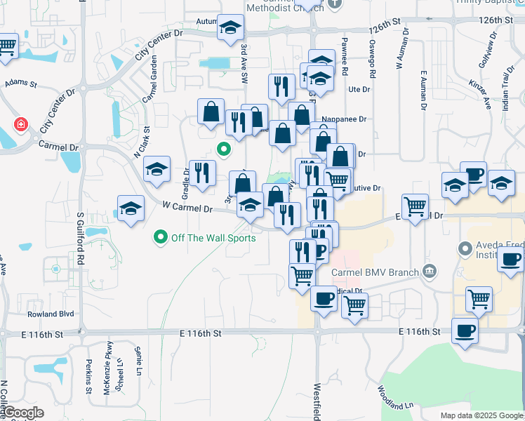 map of restaurants, bars, coffee shops, grocery stores, and more near 160 West Carmel Drive in Carmel
