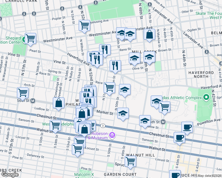 map of restaurants, bars, coffee shops, grocery stores, and more near 5031 Race Street in Philadelphia