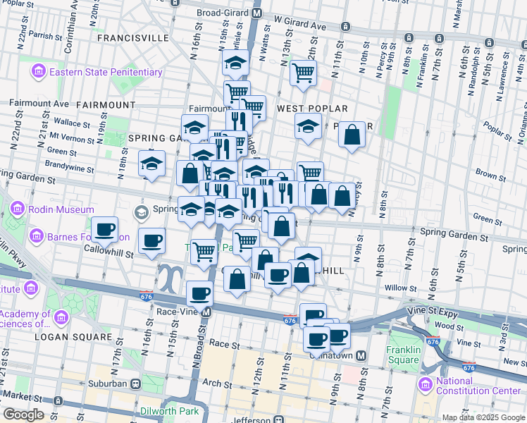 map of restaurants, bars, coffee shops, grocery stores, and more near 1237 Spring Garden Street in Philadelphia