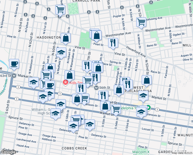 map of restaurants, bars, coffee shops, grocery stores, and more near 50 North 56th Street in Philadelphia