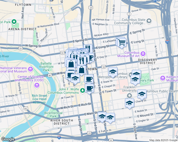 map of restaurants, bars, coffee shops, grocery stores, and more near 125 East Broad Street in Columbus