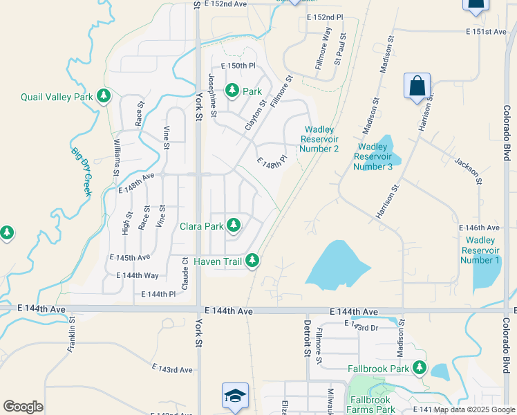 map of restaurants, bars, coffee shops, grocery stores, and more near 2705 East 148th Drive in Thornton