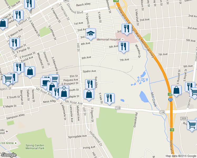 map of restaurants, bars, coffee shops, grocery stores, and more near 490 South Yale Street in York