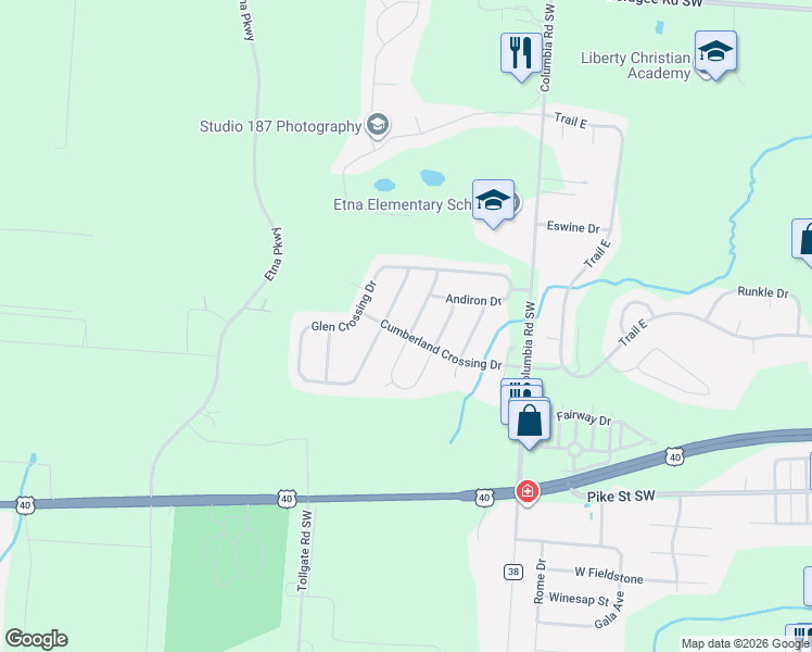 map of restaurants, bars, coffee shops, grocery stores, and more near 138 Hawksoar Drive in Pataskala