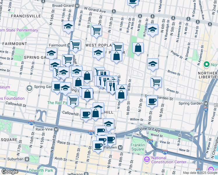 map of restaurants, bars, coffee shops, grocery stores, and more near 538 North 10th Street in Philadelphia