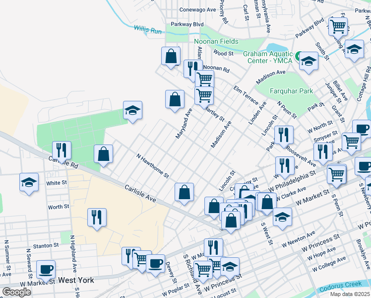 map of restaurants, bars, coffee shops, grocery stores, and more near 639 Pennsylvania Avenue in York