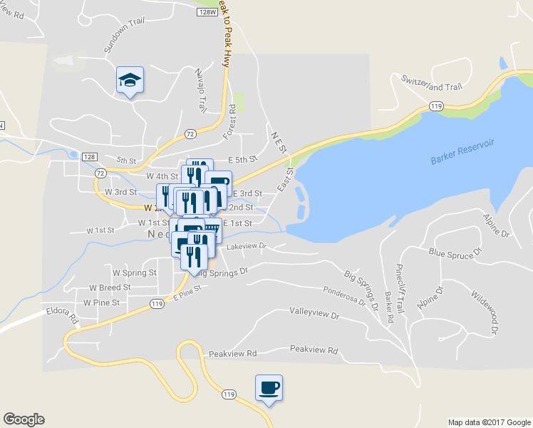 map of restaurants, bars, coffee shops, grocery stores, and more near Nederland Drive in Loveland