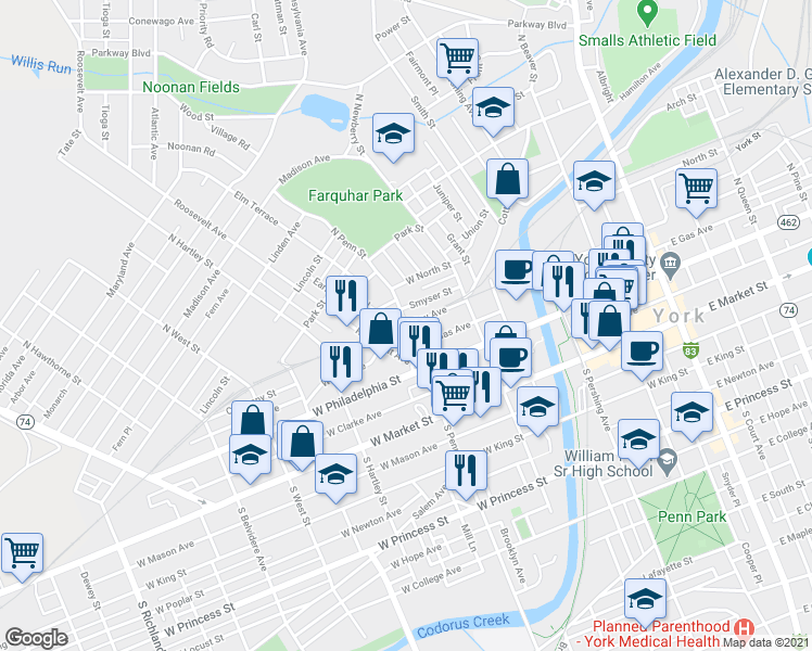 map of restaurants, bars, coffee shops, grocery stores, and more near 384 Gay Avenue in York