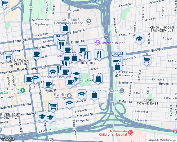 map of restaurants, bars, coffee shops, grocery stores, and more near 65 South Washington Avenue in Columbus