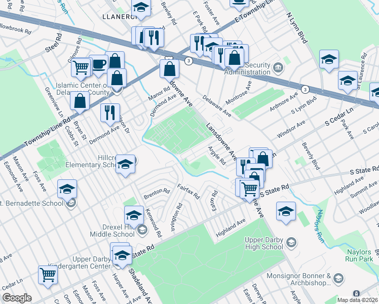 map of restaurants, bars, coffee shops, grocery stores, and more near 8400 Lansdowne Avenue in Delaware County