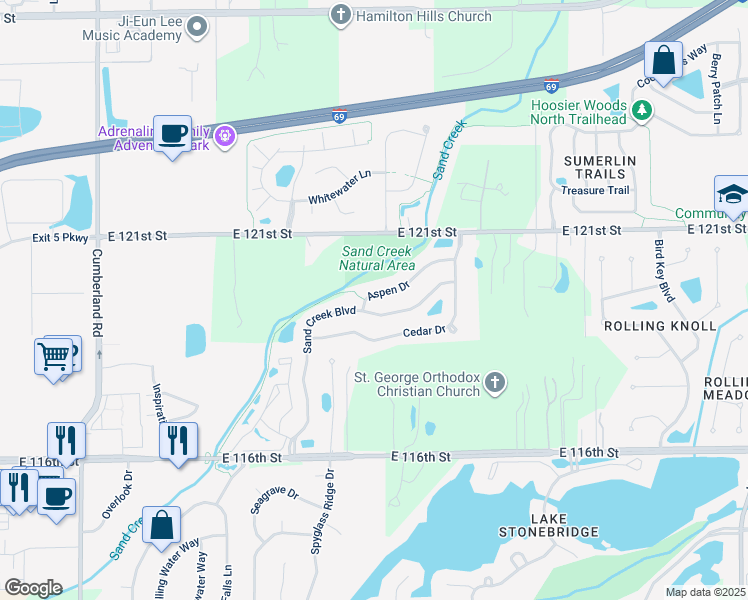 map of restaurants, bars, coffee shops, grocery stores, and more near 10494 Aspen Drive in Fishers