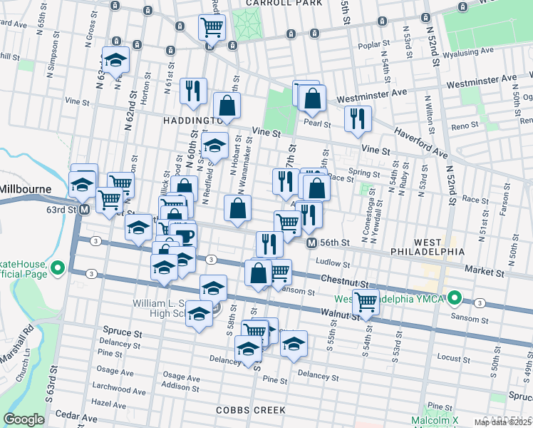 map of restaurants, bars, coffee shops, grocery stores, and more near 5725 Arch Street in Philadelphia