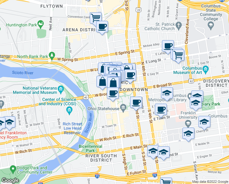 map of restaurants, bars, coffee shops, grocery stores, and more near 3 High St in Columbus