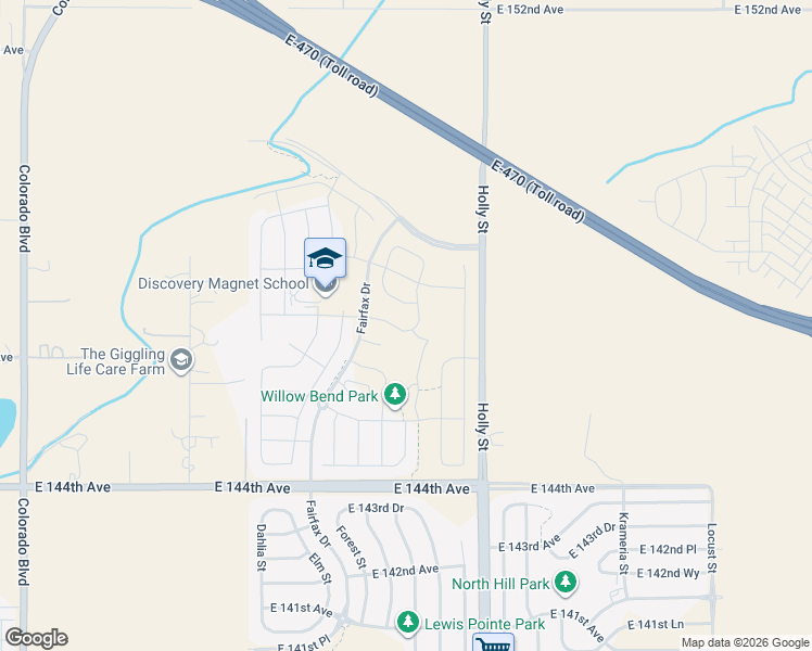 map of restaurants, bars, coffee shops, grocery stores, and more near 5382 East 148th Avenue in Thornton