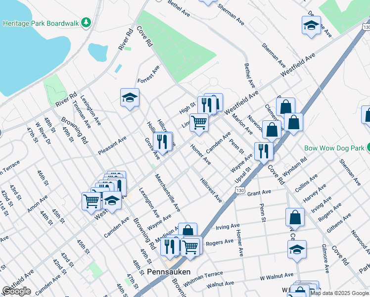 map of restaurants, bars, coffee shops, grocery stores, and more near 6103 Westfield Avenue in Pennsauken Township