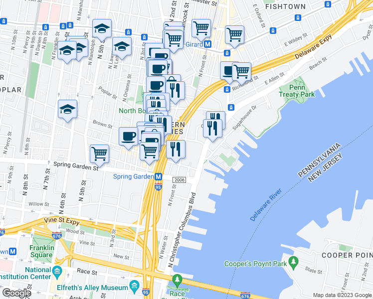map of restaurants, bars, coffee shops, grocery stores, and more near 5 Poplar Street in Philadelphia