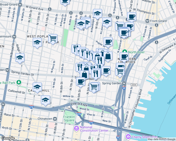 map of restaurants, bars, coffee shops, grocery stores, and more near 638 North 5th Street in Philadelphia