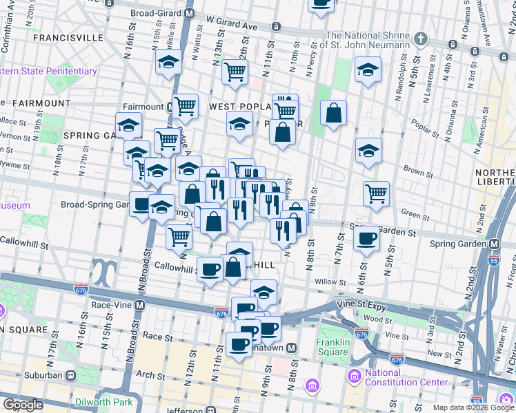 map of restaurants, bars, coffee shops, grocery stores, and more near 612 North 10th Street in Philadelphia