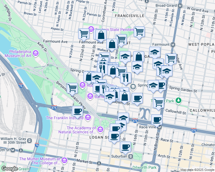 map of restaurants, bars, coffee shops, grocery stores, and more near 1911 Hamilton Street in Philadelphia