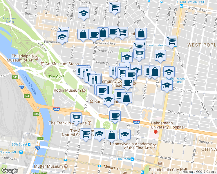 map of restaurants, bars, coffee shops, grocery stores, and more near 523 North 20th Street in Philadelphia