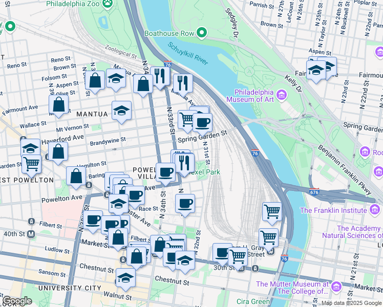 map of restaurants, bars, coffee shops, grocery stores, and more near 436 North 32nd Street in Philadelphia