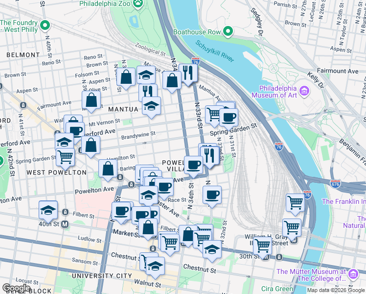 map of restaurants, bars, coffee shops, grocery stores, and more near 3409 Spring Garden Street in Philadelphia