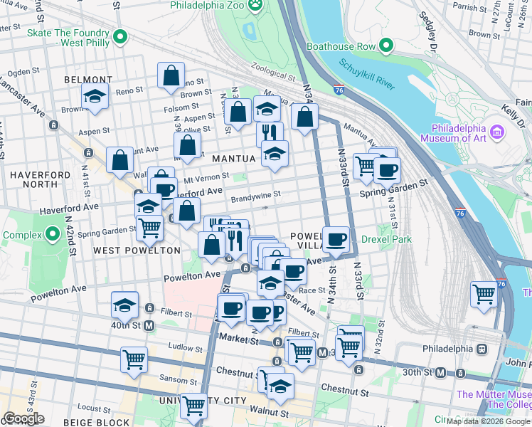 map of restaurants, bars, coffee shops, grocery stores, and more near in Philadelphia