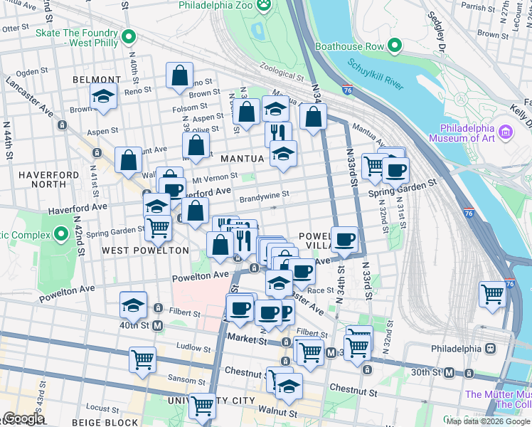 map of restaurants, bars, coffee shops, grocery stores, and more near in Philadelphia