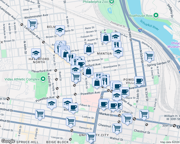 map of restaurants, bars, coffee shops, grocery stores, and more near 3860 Haverford Avenue in Philadelphia