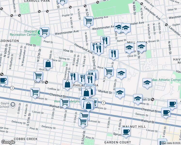 map of restaurants, bars, coffee shops, grocery stores, and more near 5216 Race Street in Philadelphia