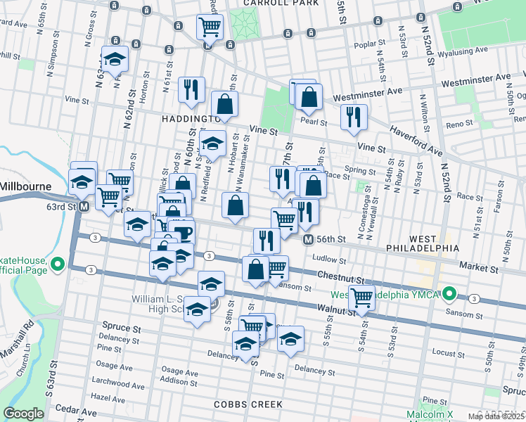 map of restaurants, bars, coffee shops, grocery stores, and more near 5725 Arch Street in Philadelphia