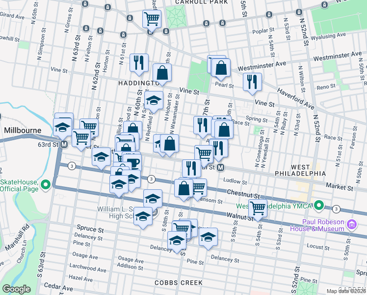 map of restaurants, bars, coffee shops, grocery stores, and more near 5725 Arch Street in Philadelphia