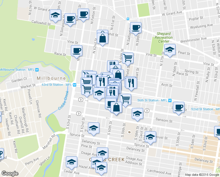 map of restaurants, bars, coffee shops, grocery stores, and more near 38 North Edgewood Street in Philadelphia