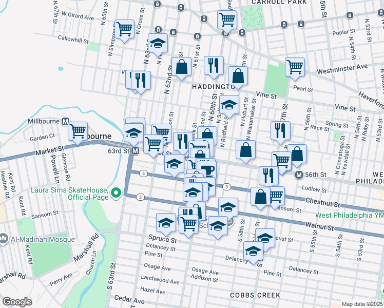 map of restaurants, bars, coffee shops, grocery stores, and more near 38 North Edgewood Street in Philadelphia