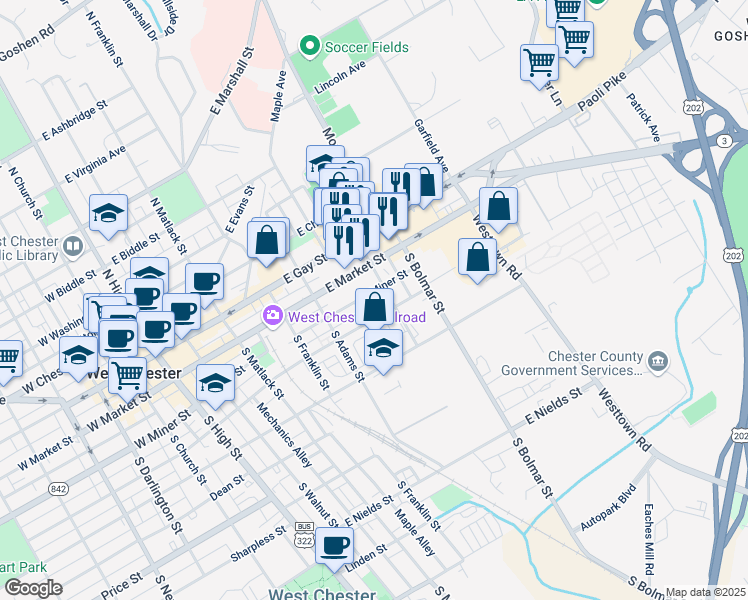 map of restaurants, bars, coffee shops, grocery stores, and more near 25 South Worthington Street in West Chester