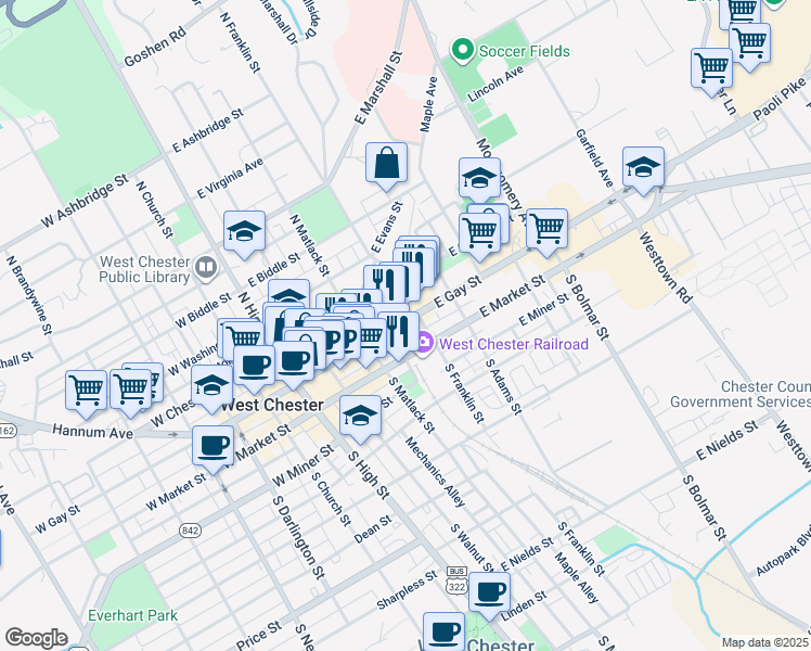 map of restaurants, bars, coffee shops, grocery stores, and more near 240 East Chestnut Street in West Chester