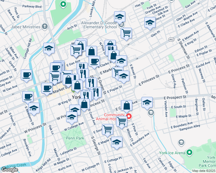 map of restaurants, bars, coffee shops, grocery stores, and more near 241 East King Street in York