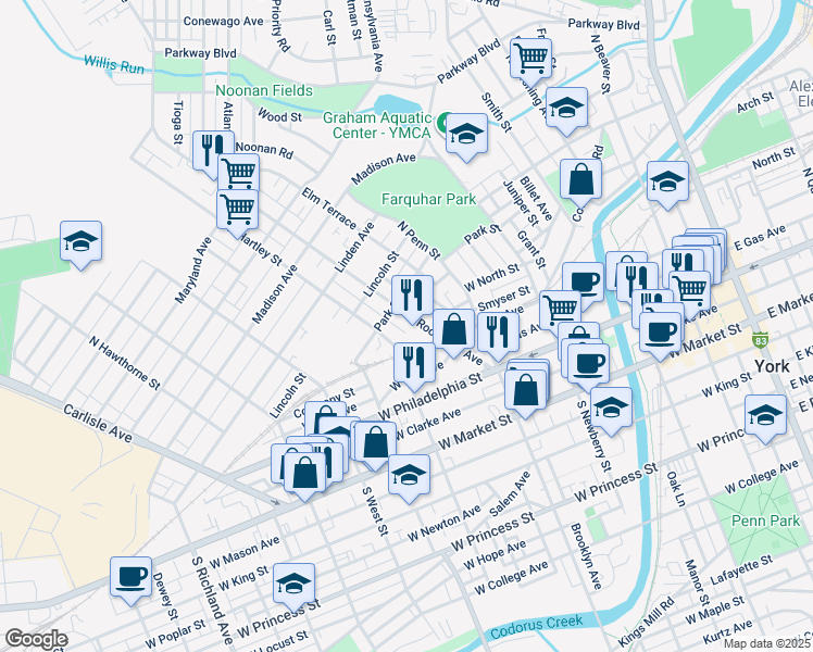 map of restaurants, bars, coffee shops, grocery stores, and more near 261 Roosevelt Avenue in York