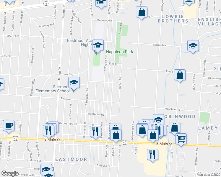 map of restaurants, bars, coffee shops, grocery stores, and more near 455 South Napoleon Avenue in Columbus
