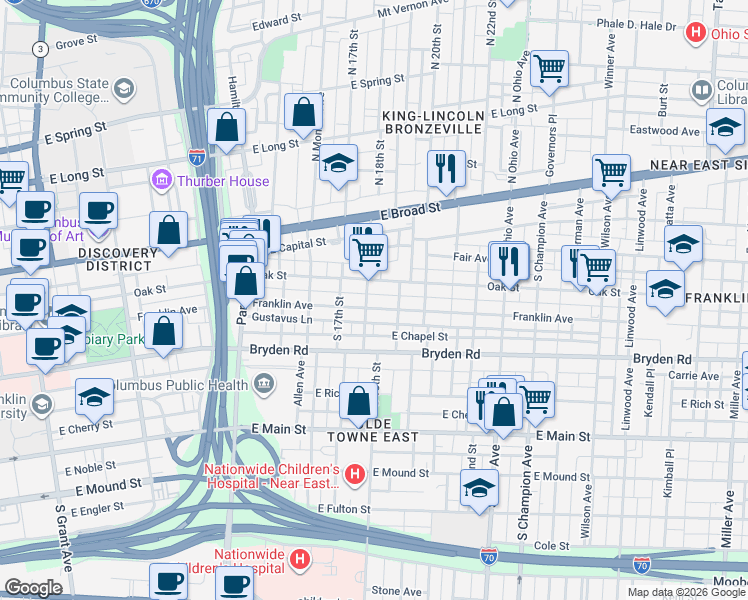 map of restaurants, bars, coffee shops, grocery stores, and more near 940 Oak Street in Columbus