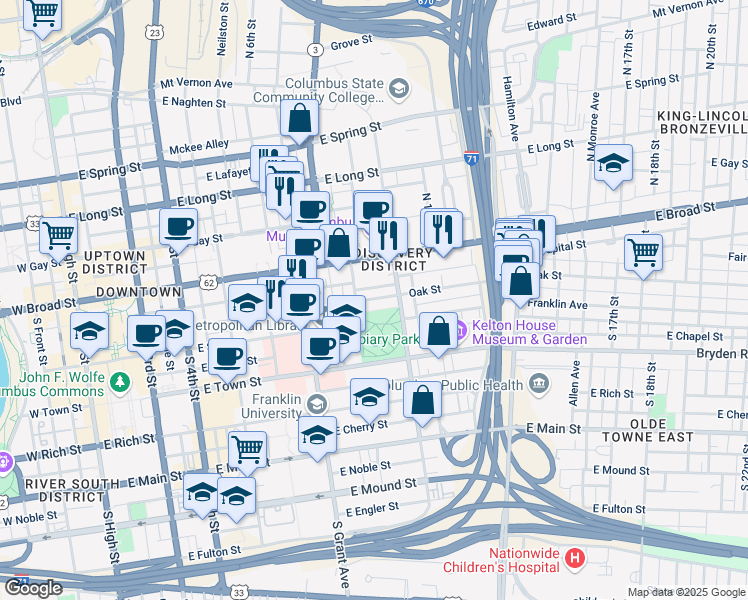 map of restaurants, bars, coffee shops, grocery stores, and more near 471 East Capital Street in Columbus