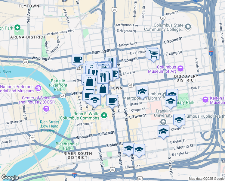 map of restaurants, bars, coffee shops, grocery stores, and more near in Columbus