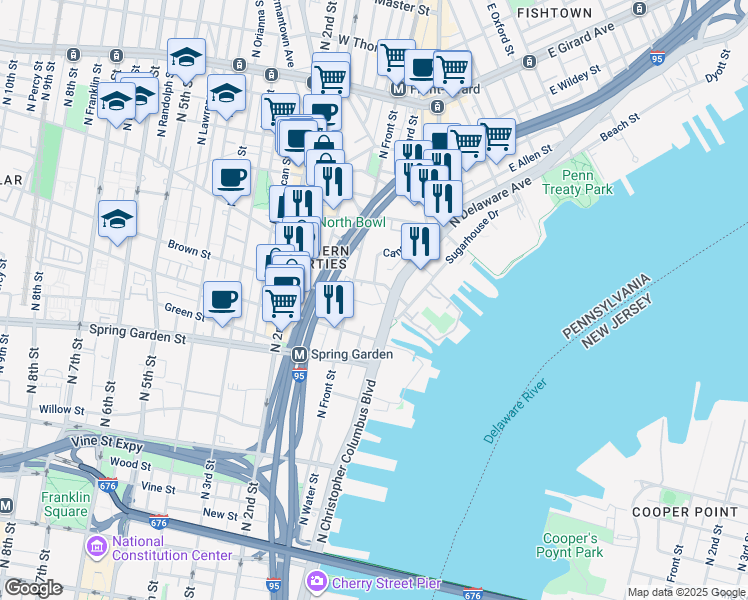 map of restaurants, bars, coffee shops, grocery stores, and more near 626 North Delaware Avenue in Philadelphia