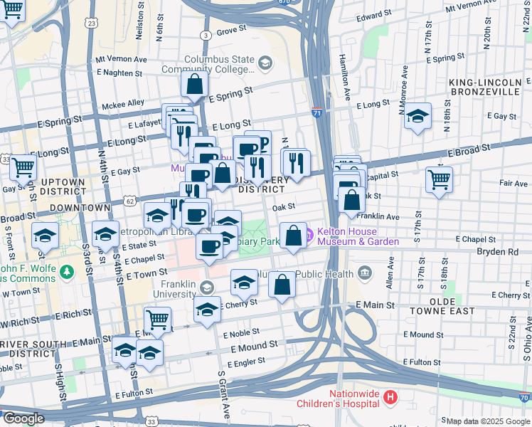 map of restaurants, bars, coffee shops, grocery stores, and more near 65 South Washington Avenue in Columbus