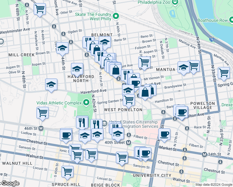 map of restaurants, bars, coffee shops, grocery stores, and more near 4041 Green Street in Philadelphia
