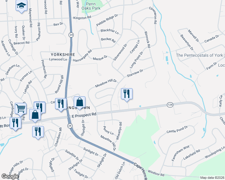 map of restaurants, bars, coffee shops, grocery stores, and more near 444 White Rose Lane in York
