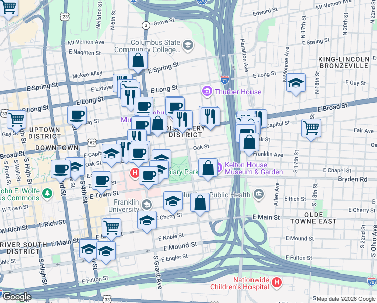 map of restaurants, bars, coffee shops, grocery stores, and more near 471 East Capital Street in Columbus