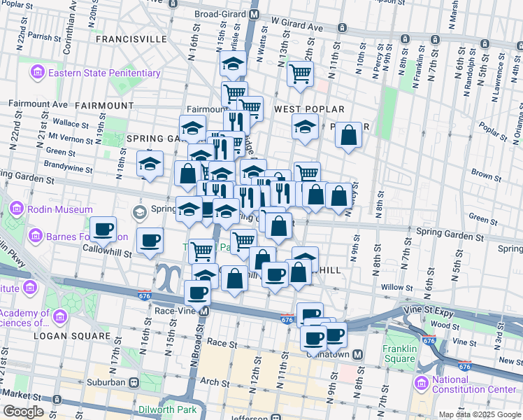 map of restaurants, bars, coffee shops, grocery stores, and more near 1237 Spring Garden Street in Philadelphia